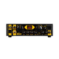 Front view of a black and yellow Markass audio preamp with knobs, switches, and input connectors.