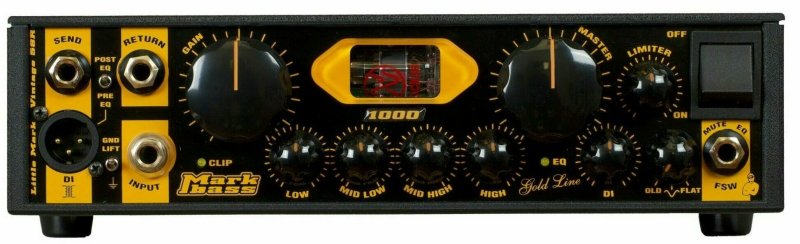Front panel of a Markbass Gold Line audio preamp with multiple knobs, jacks, and a visible tube in the center.