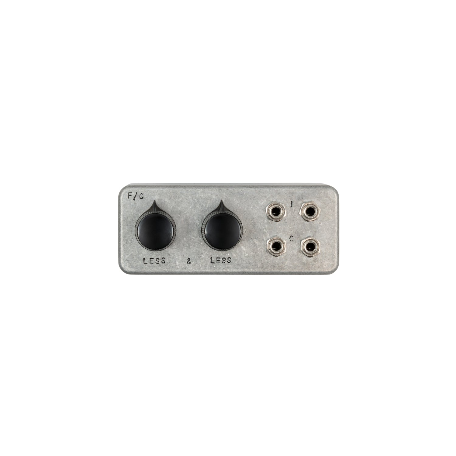 Metal device with two black knobs labeled LESS & LESS and four 1/4 inch audio jacks on the right.
