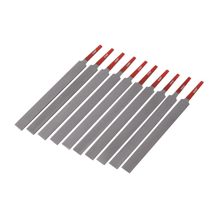 Set of ten metal files with red handles, each marked with different size measurements in inches.