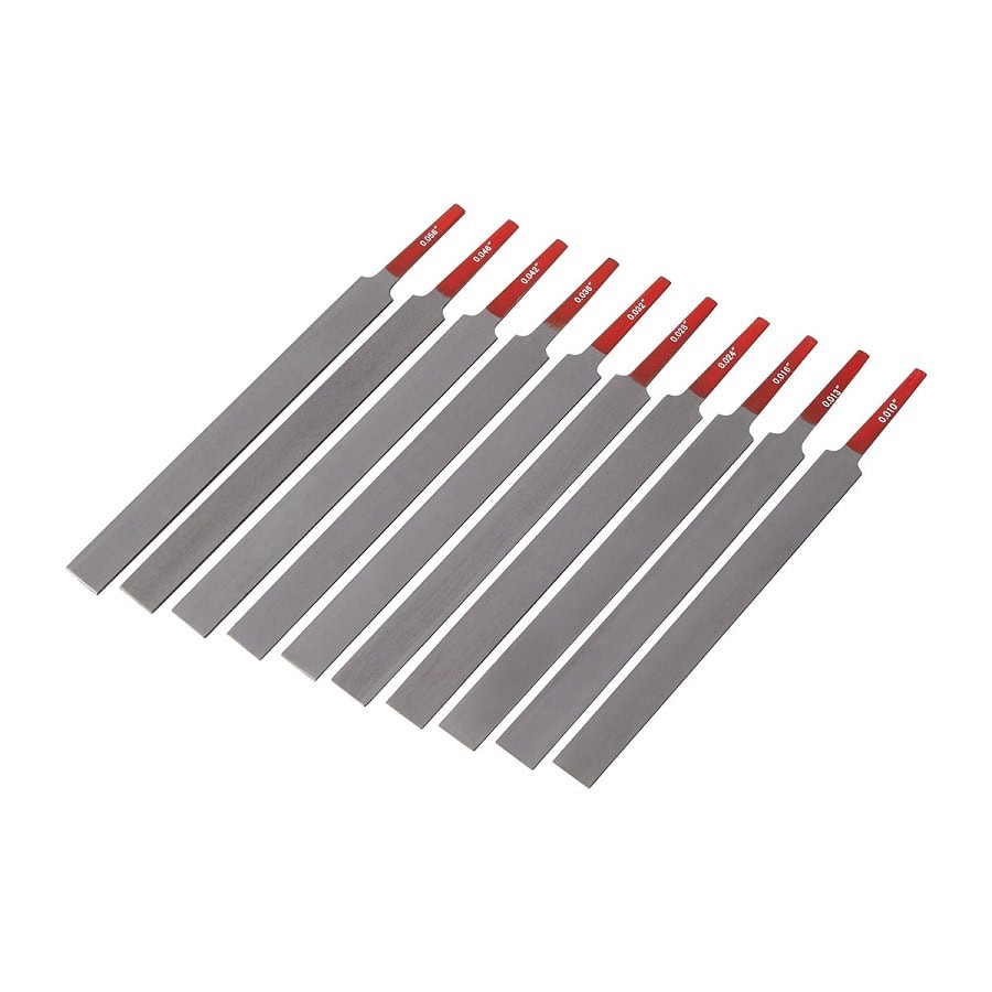 Set of ten flat metal files with red handles labeled with different sizes in inches.