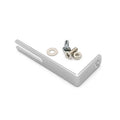 Chrome metal L-shaped bracket with a washer, screw, and nut laid beside it on a white background.