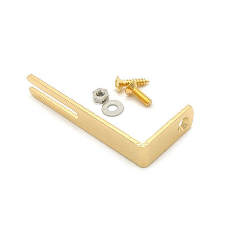 Gold-colored metal L-shaped bracket with accompanying screw, nut, and washer on white background.
