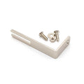 Silver metal L-shaped bracket with slot and mounting hole, accompanied by screws, washer, and nut on white background.