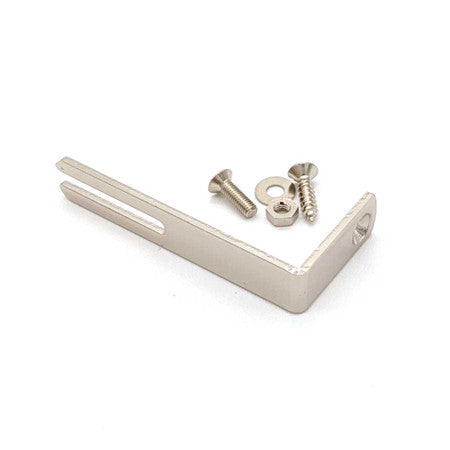 Silver metal L-shaped bracket with slot and mounting hole, accompanied by screws, washer, and nut on white background.