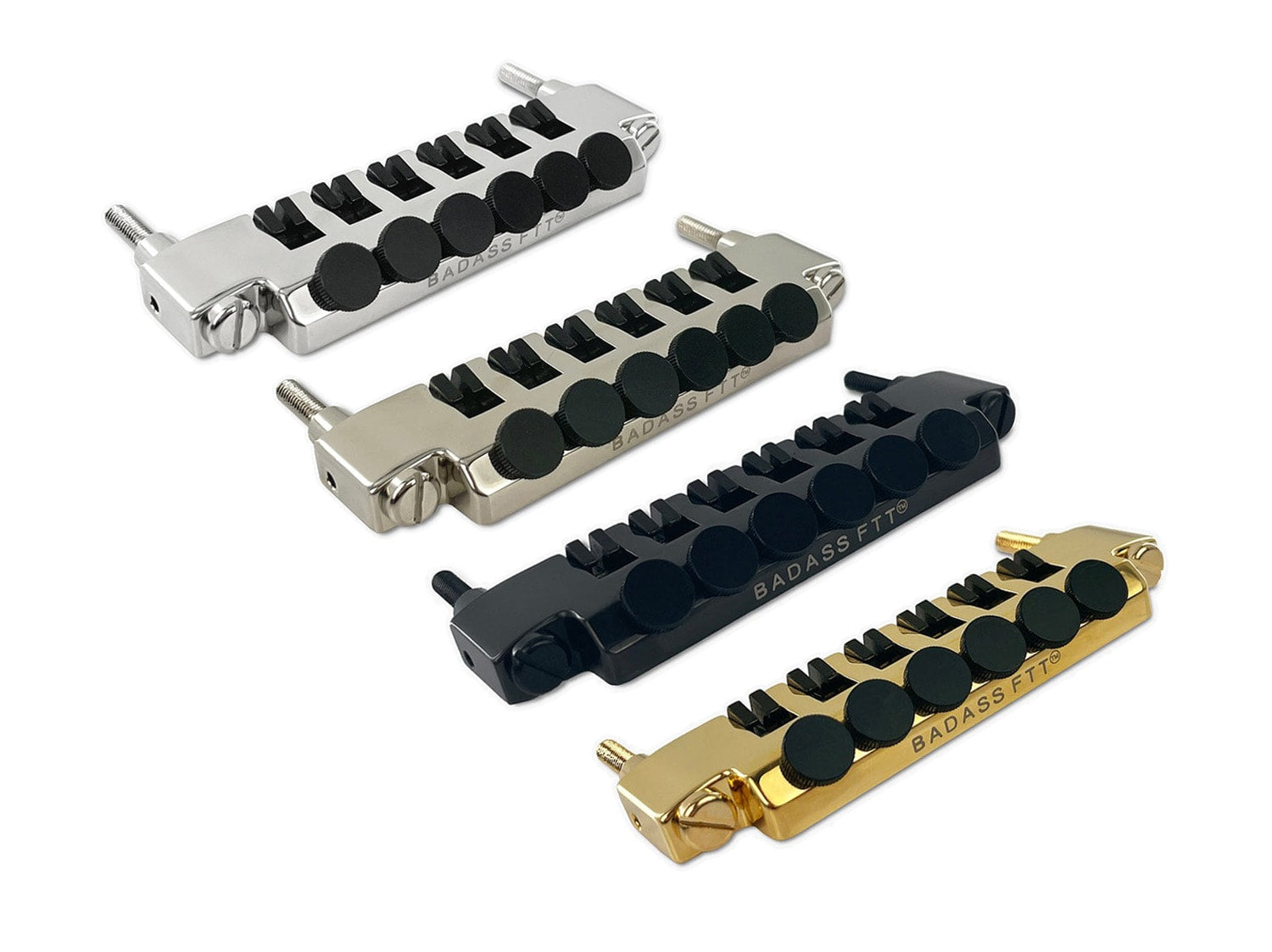 Four fine tuner tailpieces in silver, nickel, black, and gold with black tuning knobs arranged on a white background.