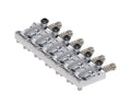 Chrome metal locking saddle set with screws and springs for guitar bridge, shown on white background.