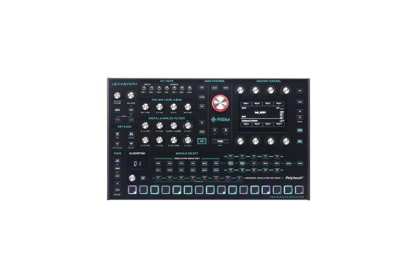 Black desktop synthesizer with multiple knobs, buttons, touchpads, and a display screen labeled ASM PolyDrum.