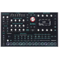 Top view of a black electronic synthesizer module with knobs, buttons, pads, screen, and labeled controls.