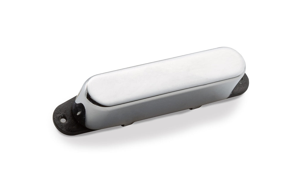 Single guitar pickup with a shiny silver cover and black mounting base.