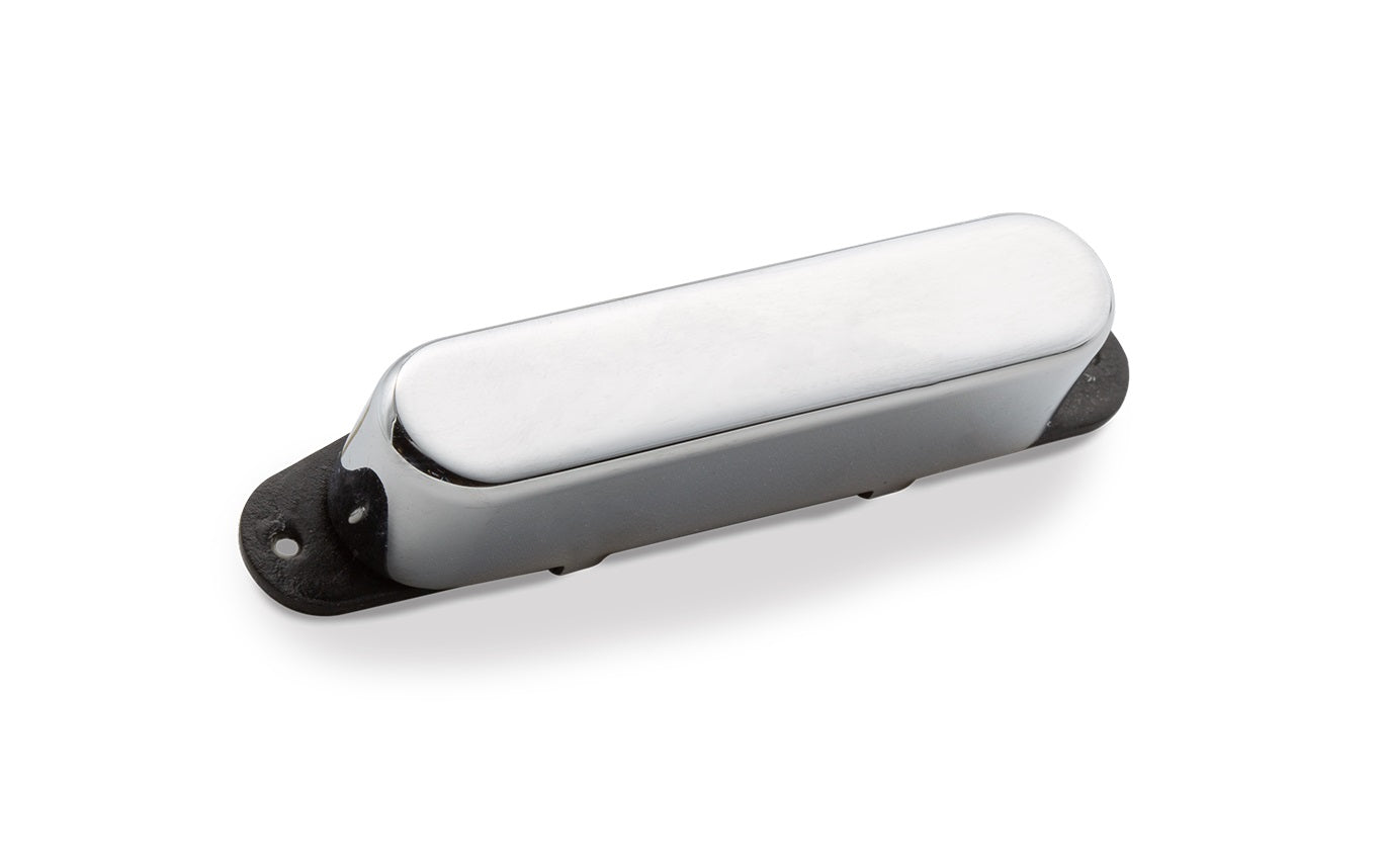 Single guitar pickup with a shiny silver cover and black mounting base.
