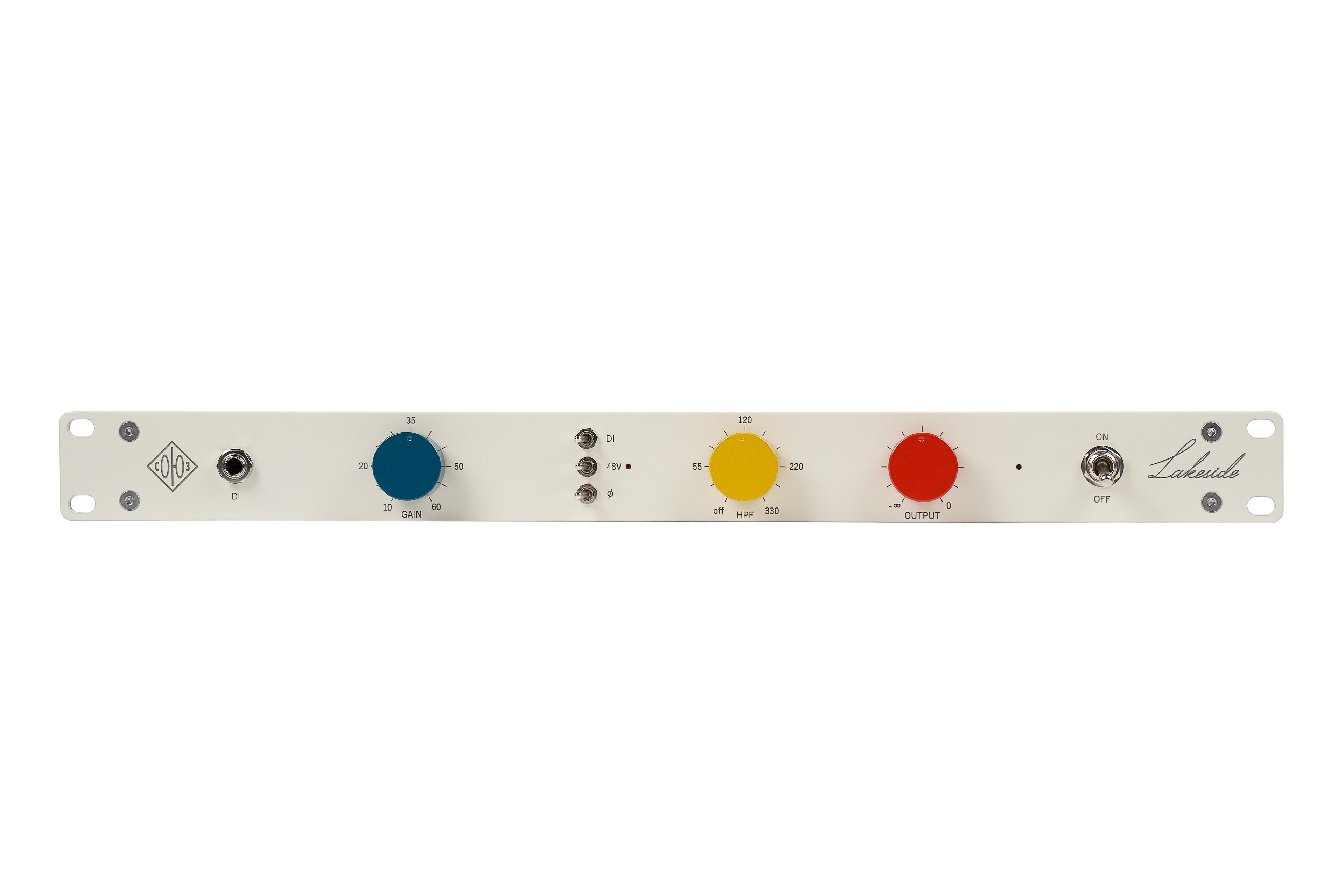 Front panel of an audio device with a 1/4 inch jack, three rotary knobs, three toggle buttons, and a power switch.
