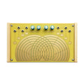 Yellow electronic device with a wood frame, four blue knobs, and multiple 1/4 inch jack connectors labeled Landscape Stereo Field.