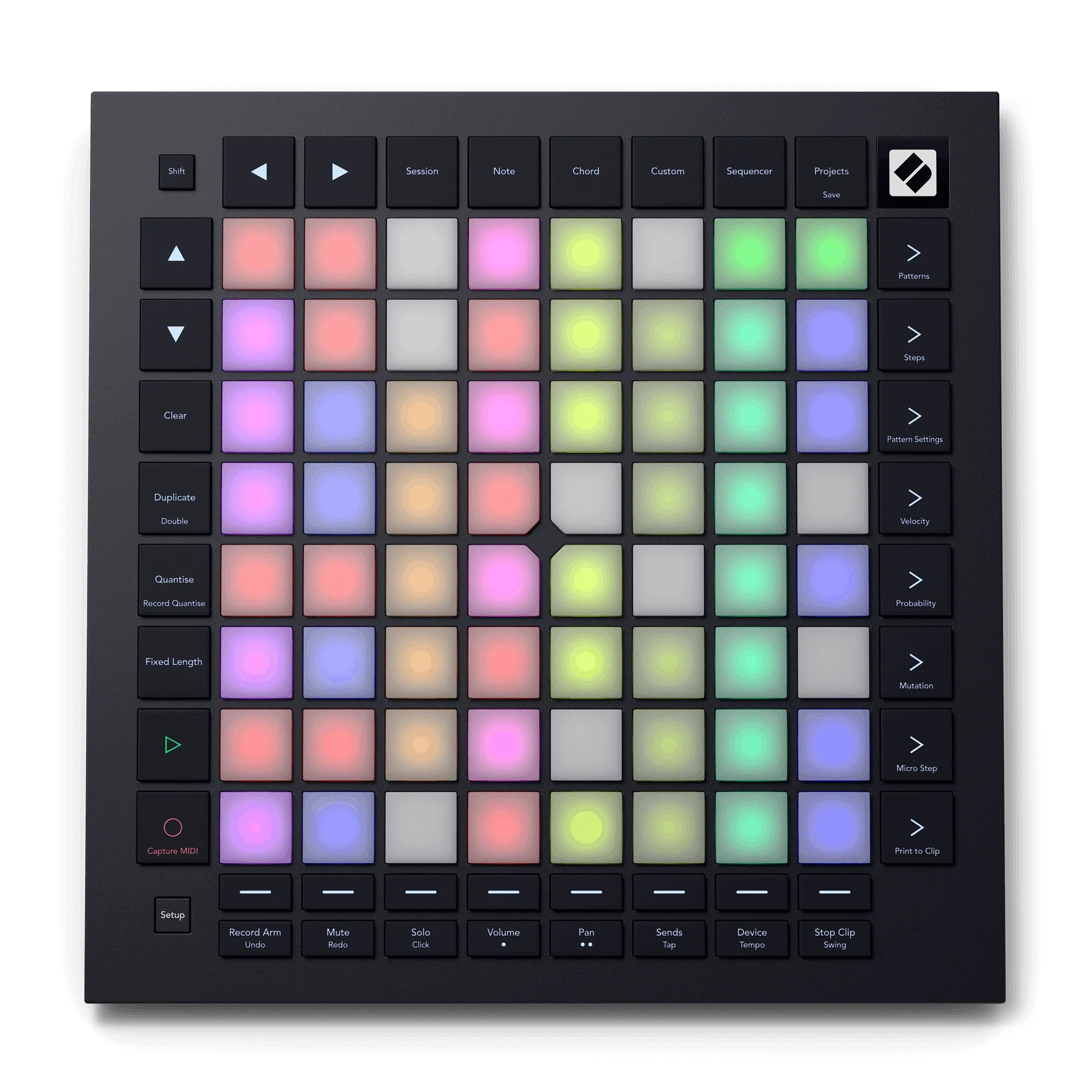 Top-down view of a black MIDI controller with colorful illuminated pads and labeled buttons.
