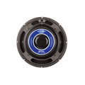 Top view of a black circular speaker with a blue label showing model BP102 and specs 8 ohm 200W