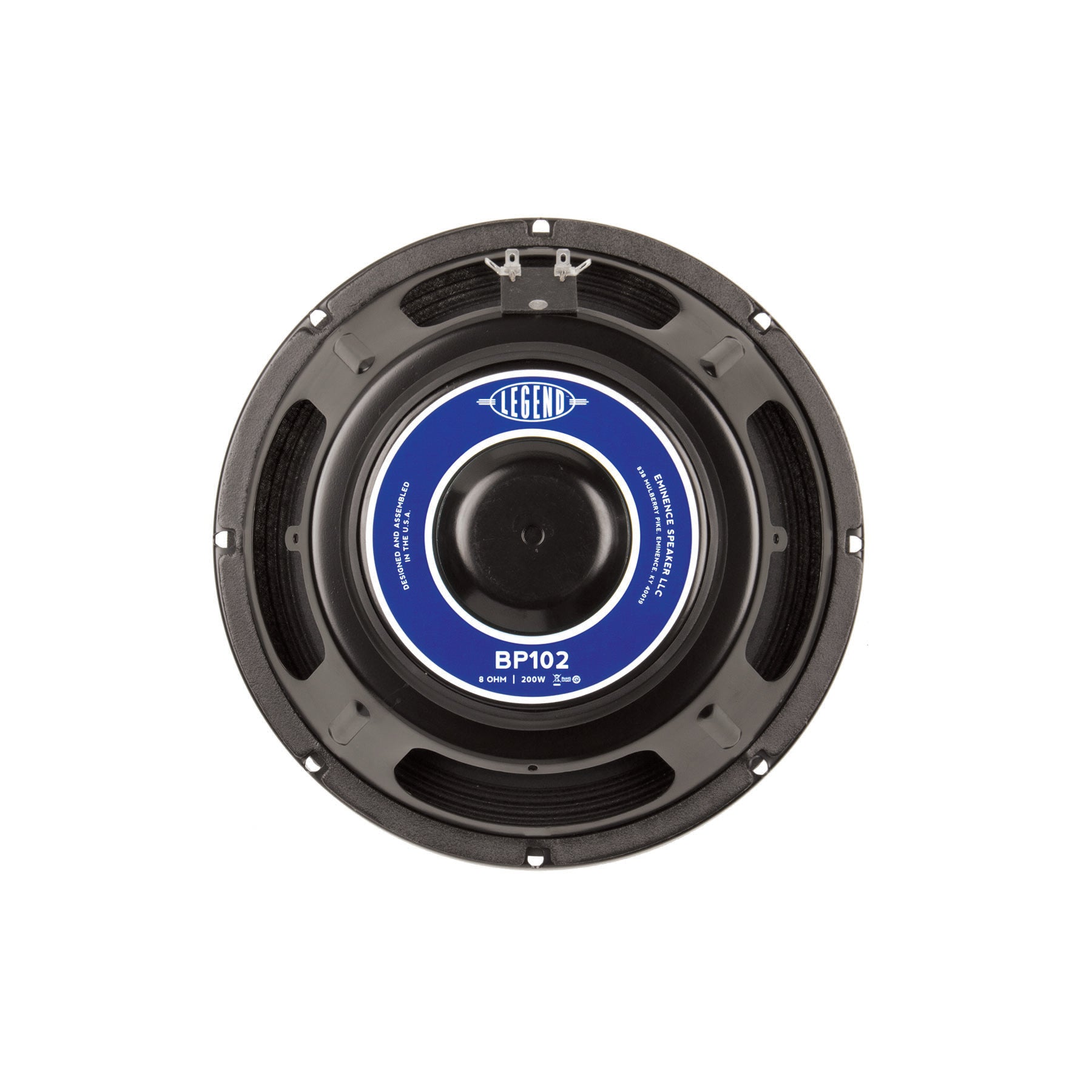 Top view of a black circular speaker with a blue label showing model BP102 and specs 8 ohm 200W