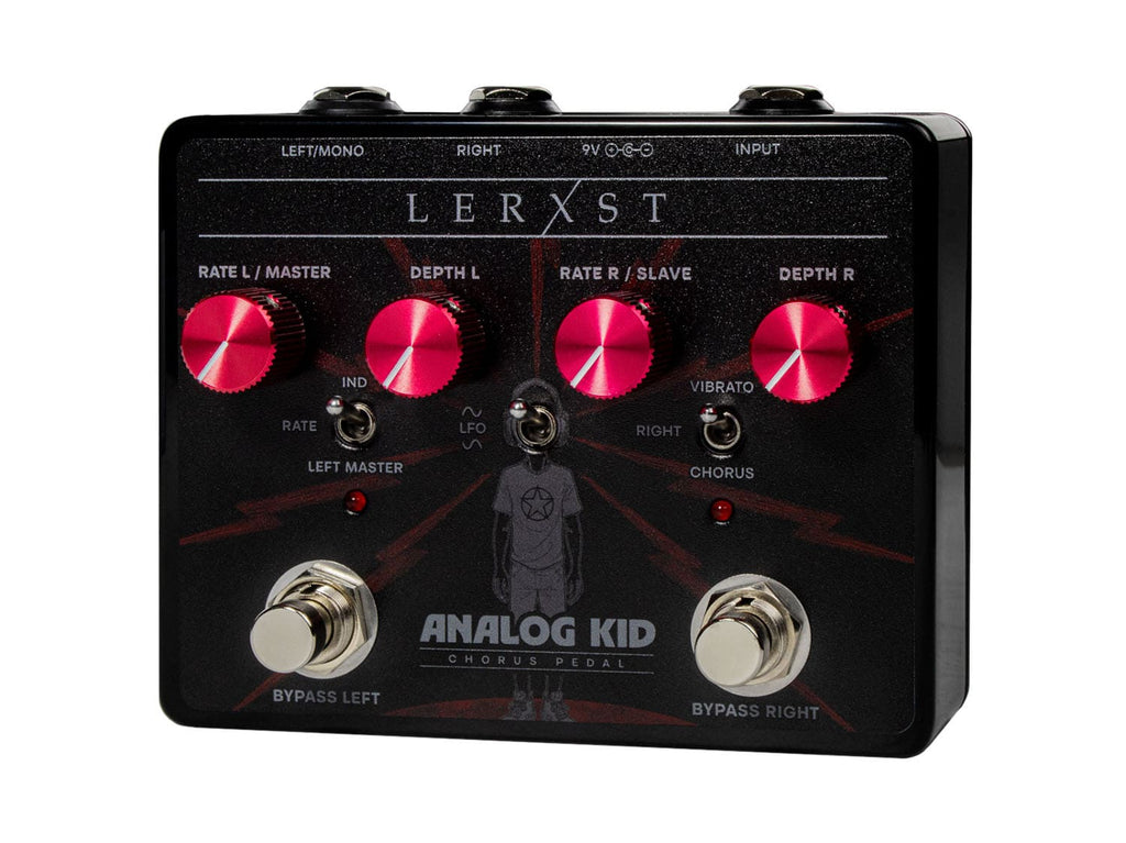 Black Lerxst Analog Kid chorus pedal with red knobs and two foot switches, labeled for left and right bypass.