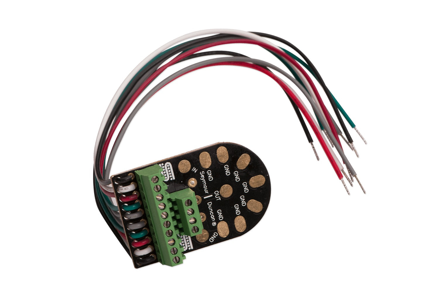 Small black oval circuit board with green terminal blocks and six colored wires with stripped ends.
