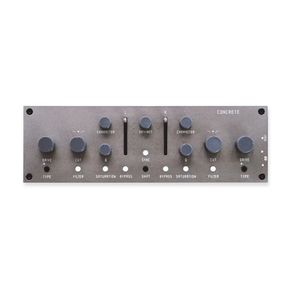 Gray rectangular audio effects unit with knobs, sliders, and buttons labeled with various control functions including MIDI input.
