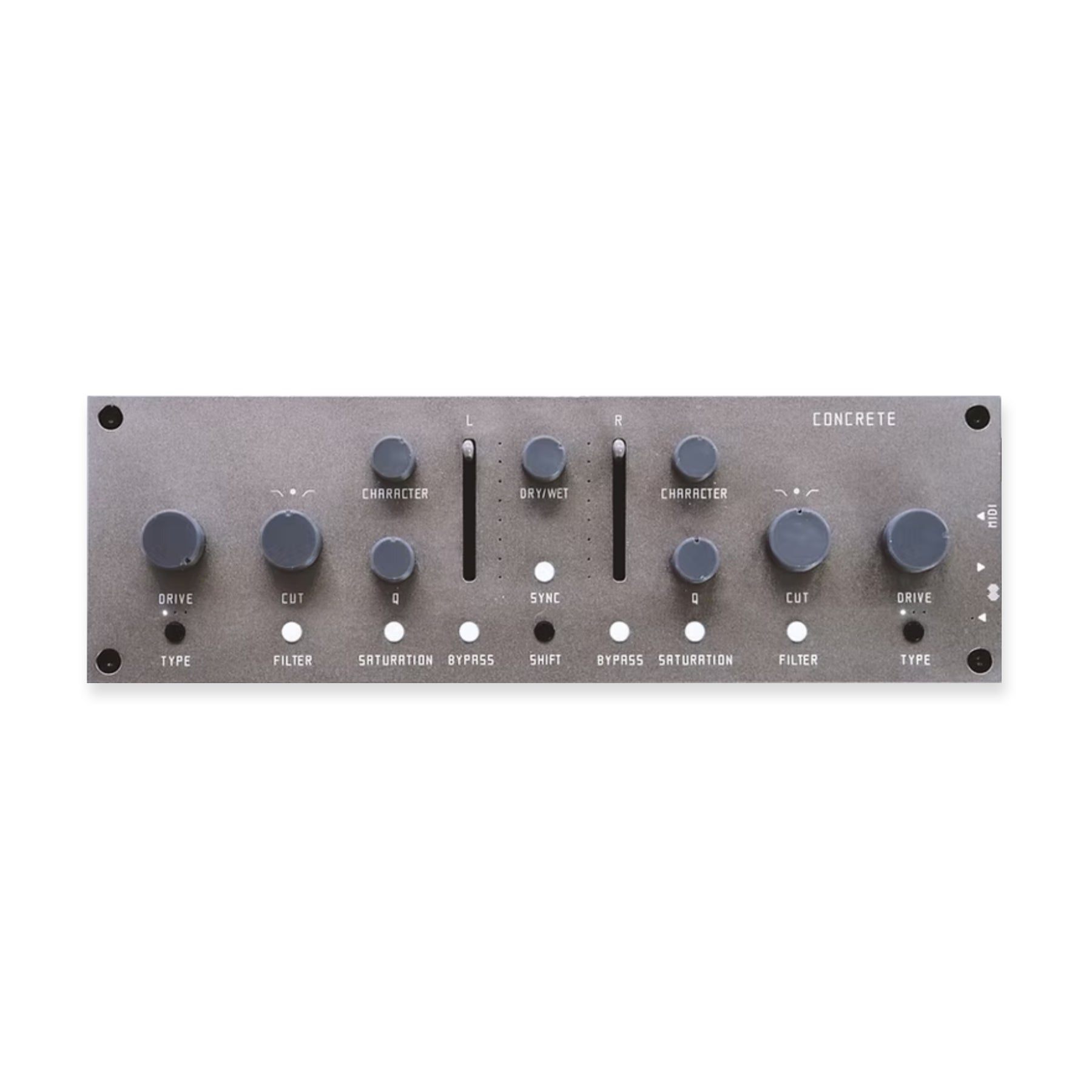 Gray rectangular audio effects unit with knobs, sliders, and buttons labeled with various control functions including MIDI input.
