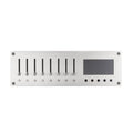 Front panel of a silver device with eight sliders, eight small round buttons, five circular jacks, and a rectangular screen.