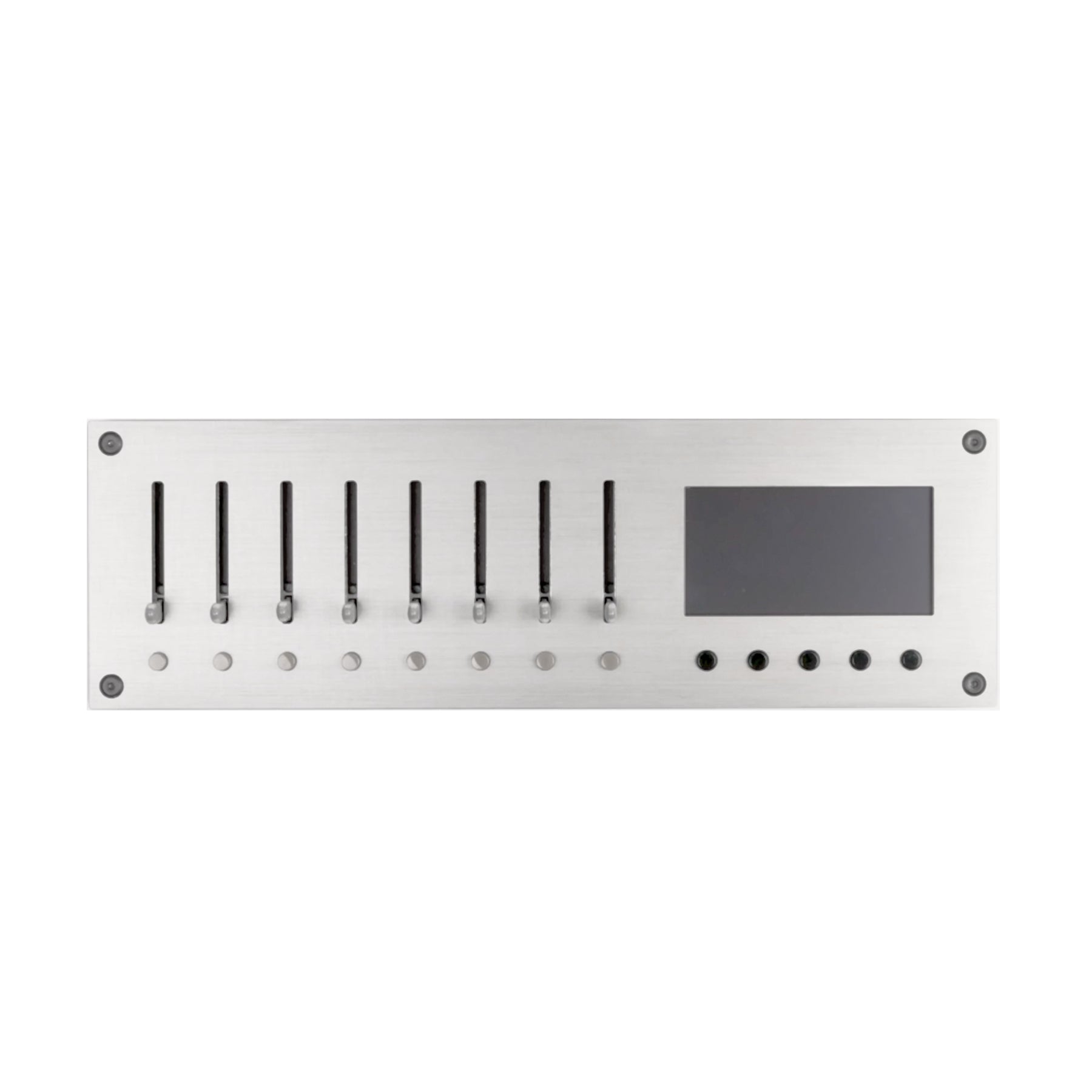 Front panel of a silver device with eight sliders, eight small round buttons, five circular jacks, and a rectangular screen.