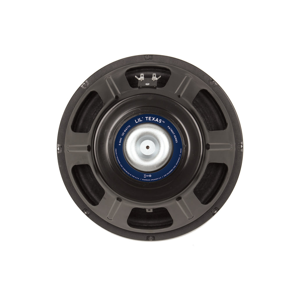 Top view of a black Eminence Lil' Texas guitar speaker with visible terminals and central label.