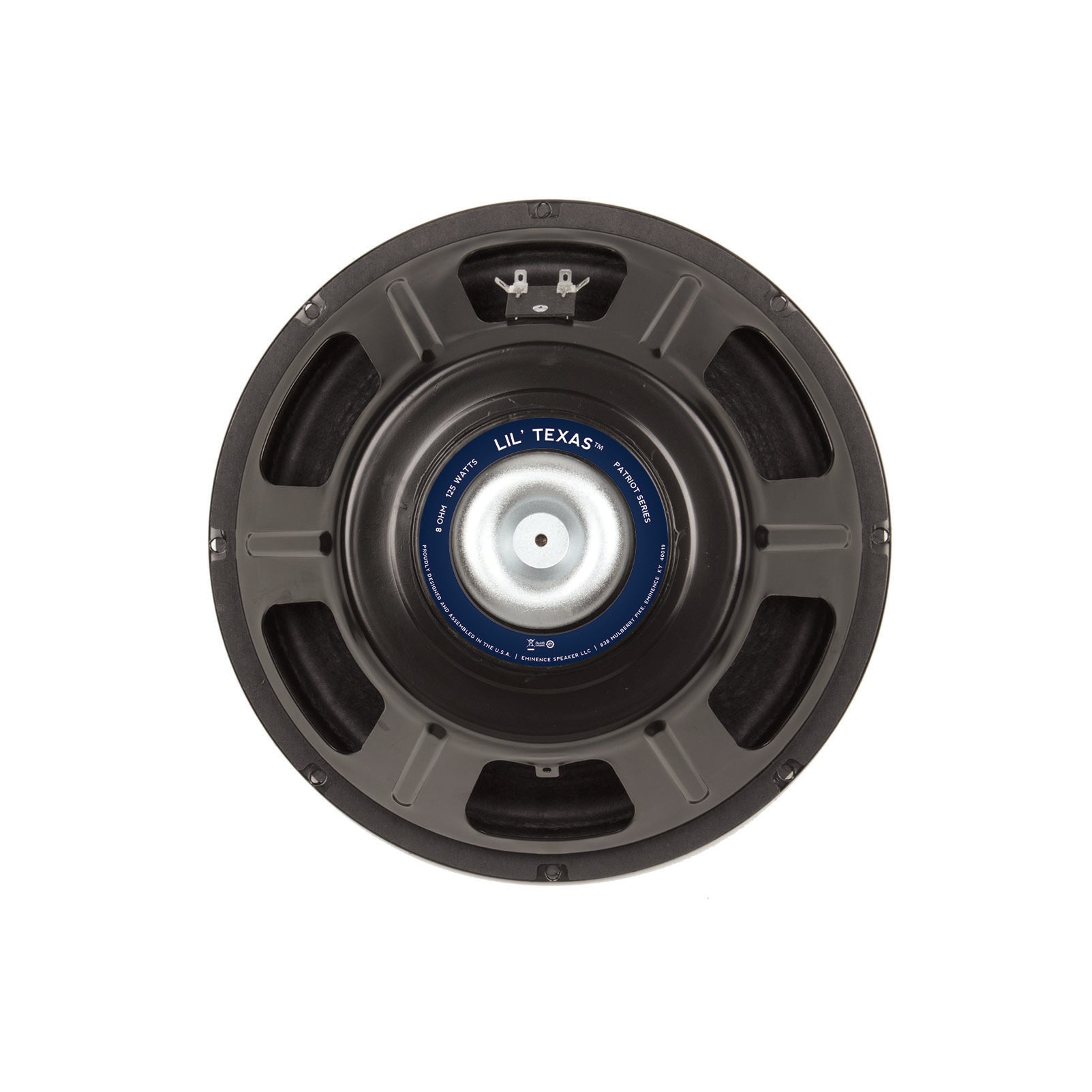 Top view of a black Eminence Lil' Texas guitar speaker with visible terminals and central label.
