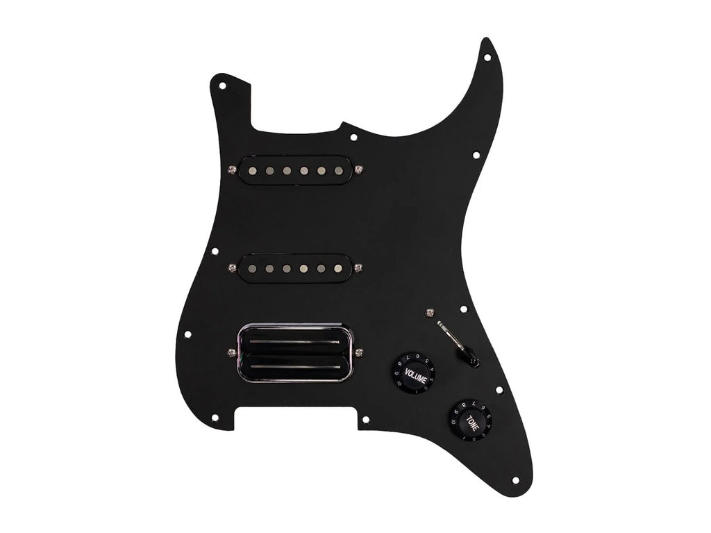 Black guitar pickguard with three pickups, two control knobs labeled volume and tone, and a toggle switch.
