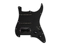 Black guitar pickguard with three pickups, two control knobs labeled volume and tone, and a toggle switch.