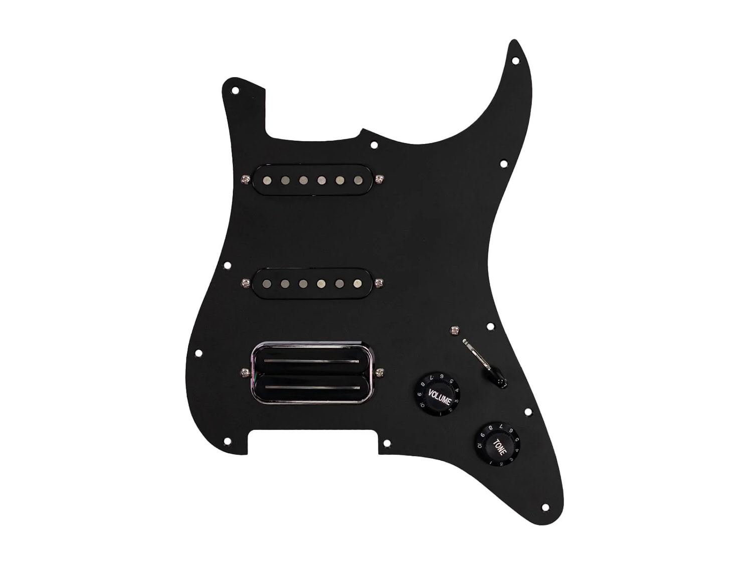 Black guitar pickguard with three pickups, two control knobs labeled volume and tone, and a toggle switch.