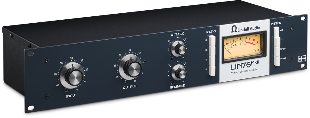 Front panel of a black Lindell Audio Lin76 MKII studio processor with knobs, buttons, and a VU meter.