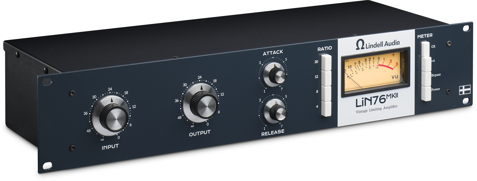 Front panel of a black Lindell Audio Lin76 MKII studio processor with knobs, buttons, and a VU meter.