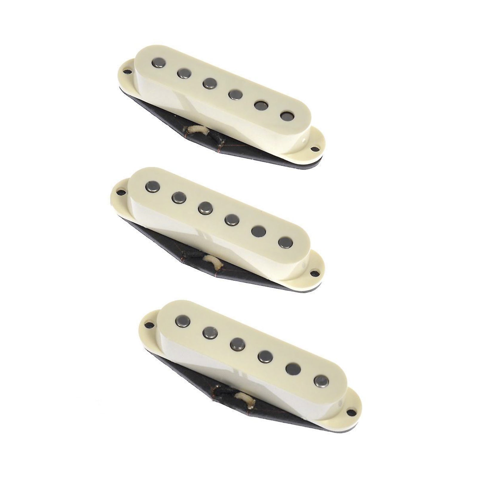 Three off-white electric guitar single-coil pickups with black bases arranged vertically on a white background.