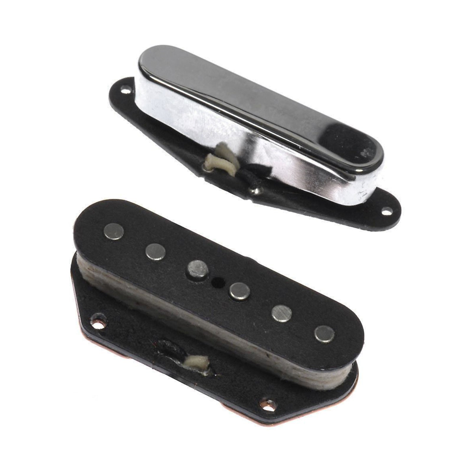 Two guitar pickups, one with a chrome cover and one with visible pole pieces, shown on a white background.