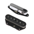 Two guitar pickups, one with a metallic silver cover and the other with exposed pole pieces, shown on a white background.