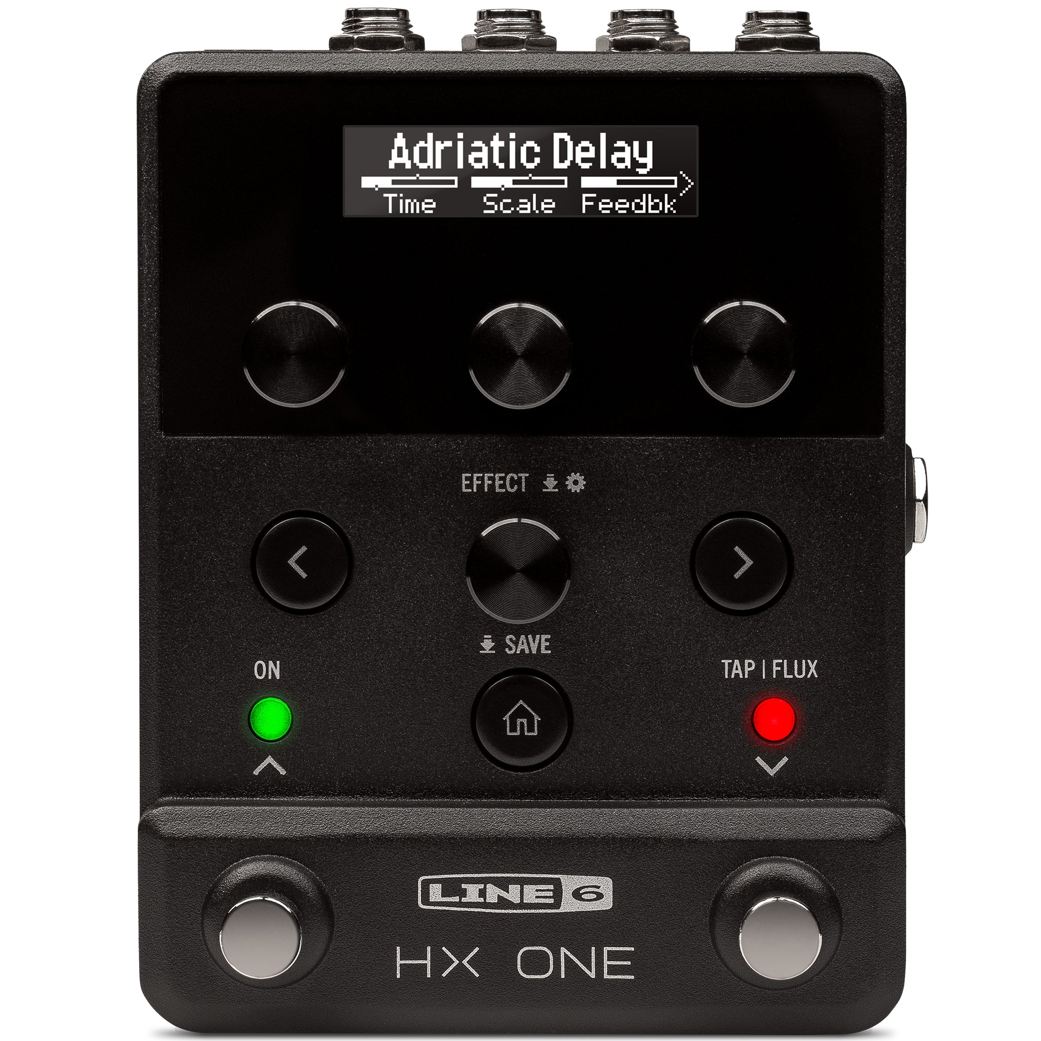 Black Line 6 HX One multi-effect pedal with display, knobs, buttons, and footswitches showing Adriatic Delay effect.