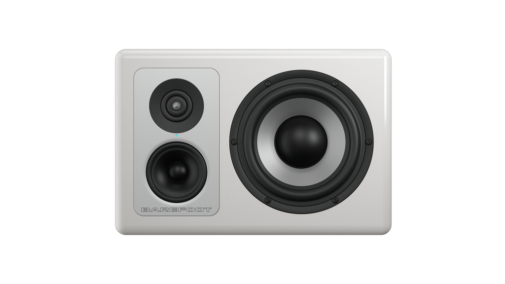 White studio monitor speaker with two smaller drivers and one larger driver on the front panel.