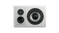 White studio monitor speaker with two smaller drivers and one larger driver on the front panel.
