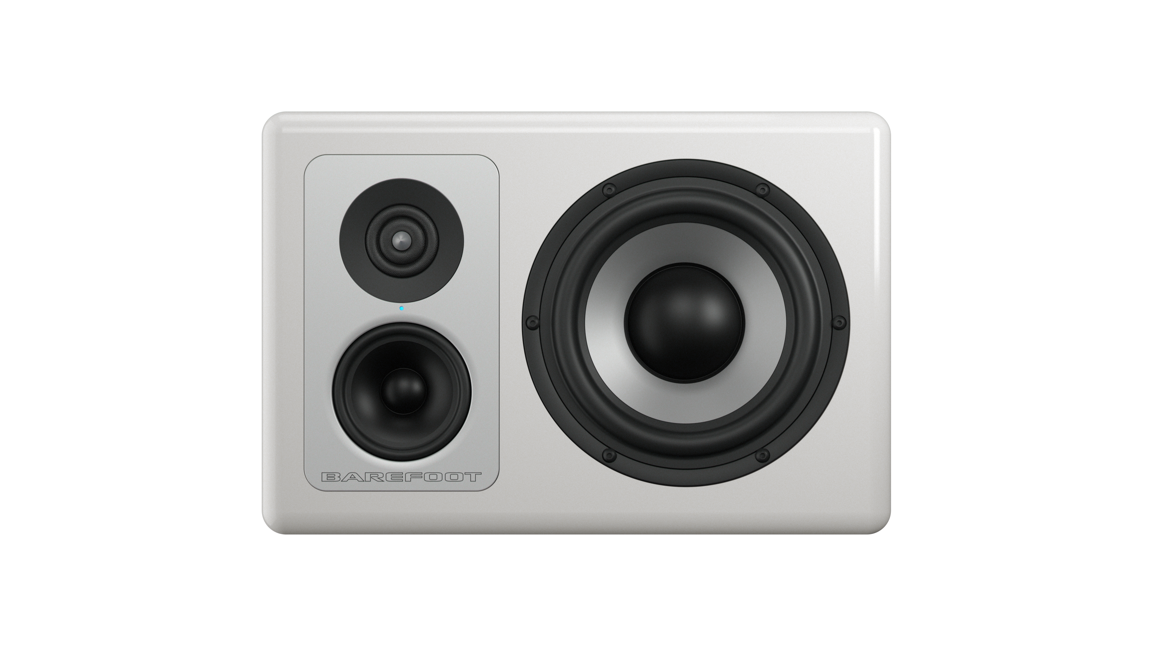 White studio monitor speaker with two smaller drivers and one larger driver on the front panel.
