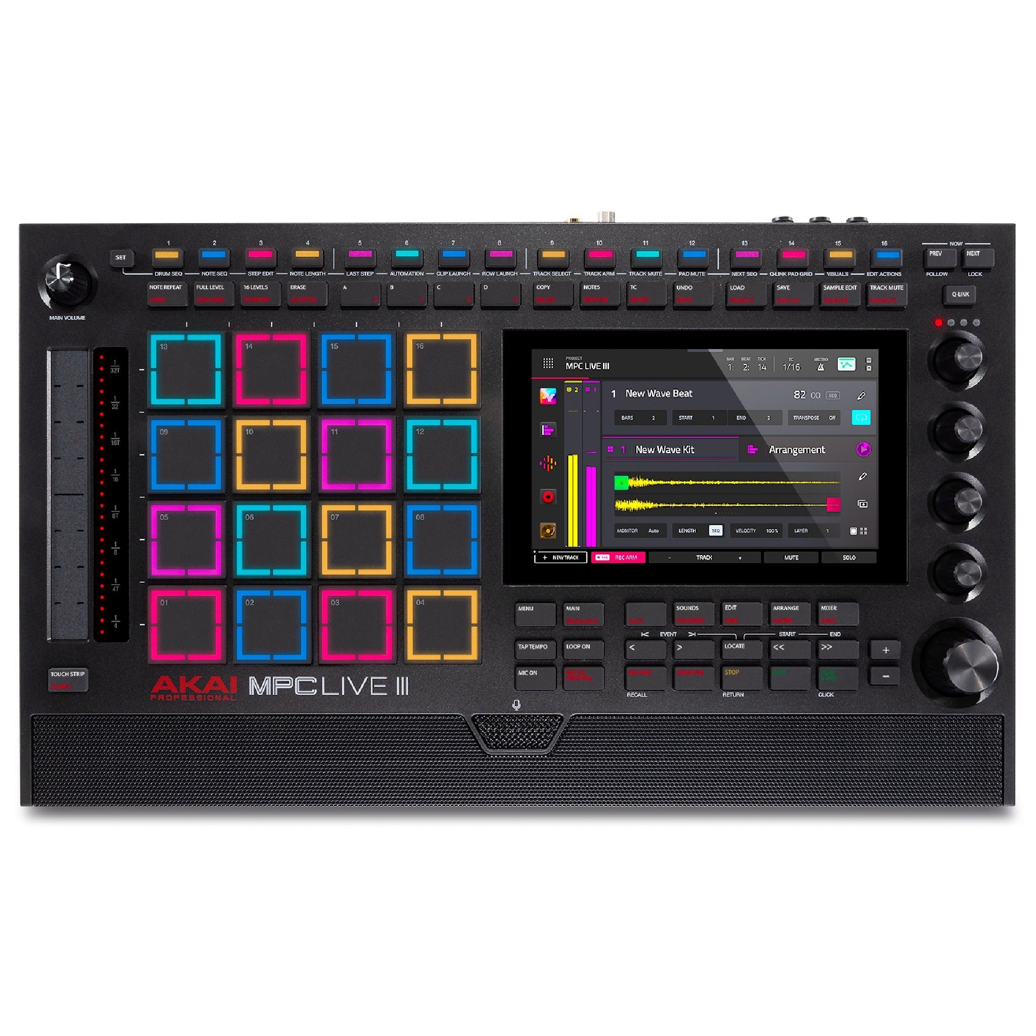 Top view of a black music production controller with colored pads, rotary knobs, buttons, and a touchscreen display.
