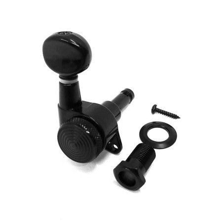 Black locking guitar tuner with washer, screw, and bushing on a white background.