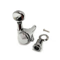 Chrome metal locking tuner for a string instrument with screw, washer, and bushing on a white background.