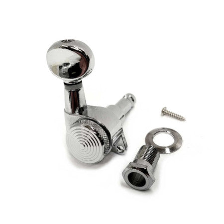 Chrome metal locking tuner for a string instrument with screw, washer, and bushing on a white background.