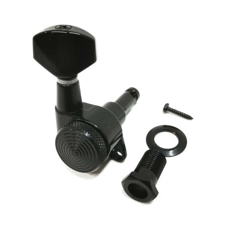 Black locking tuner with washer and screw on a white background.