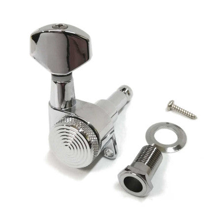 Single chrome locking guitar tuner with threaded bushing, washer, and screw displayed on white background.