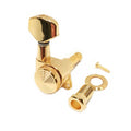 Gold metal locking tuner for stringed instrument with screw, washer, and bushing.