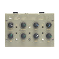Gray audio effects unit with multiple knobs, jacks, and buttons labeled for comb and room controls