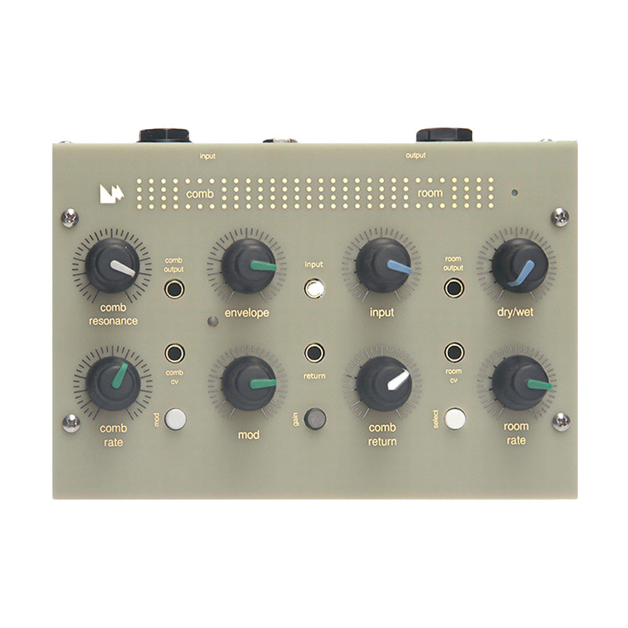 Gray audio effects unit with multiple knobs, jacks, and buttons labeled for comb and room controls