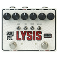 White effects pedal with six black knobs, four toggle switches, two footswitches and red "LYSIS" text on front.
